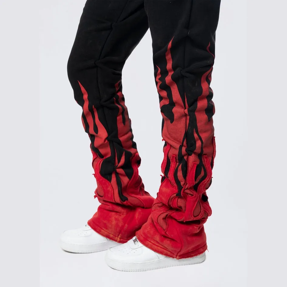 High Rise Stacked Bootcut Racing Flames Jogger - Black