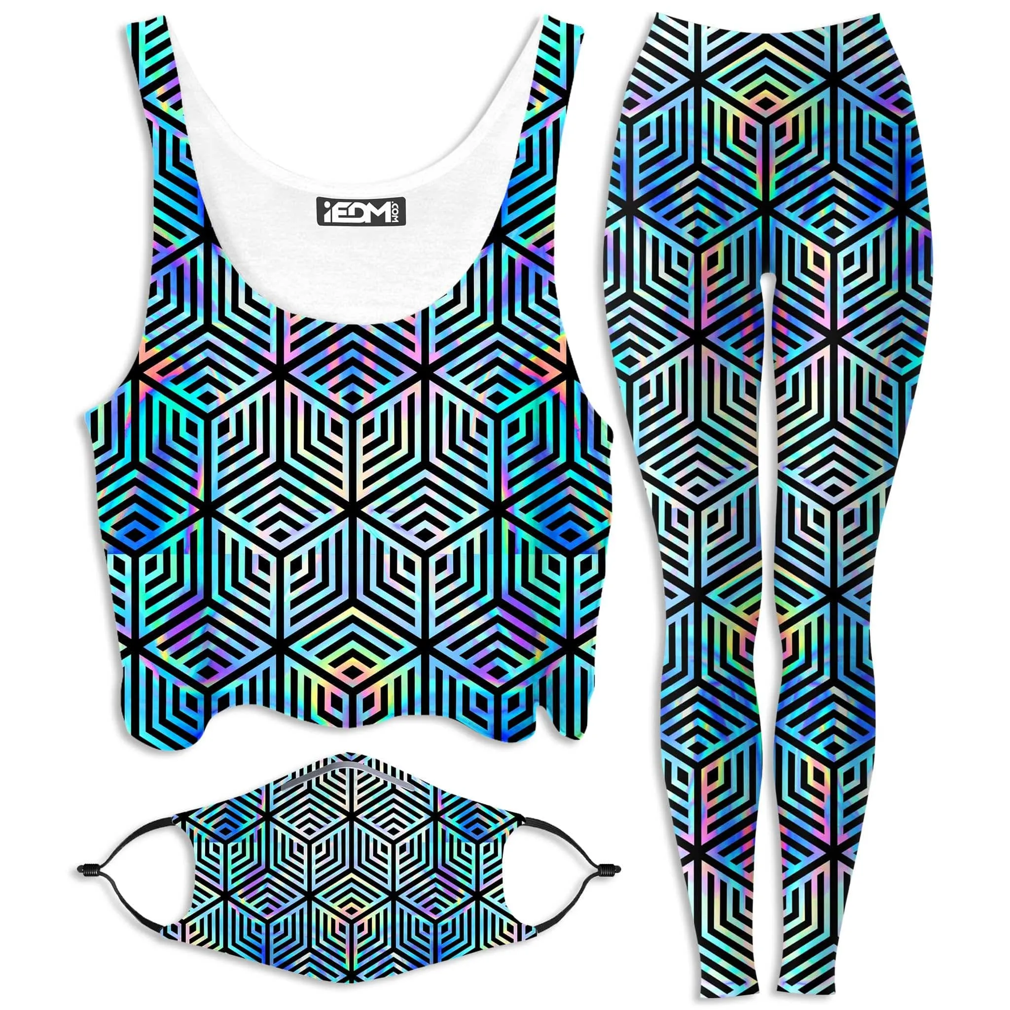 Holographic Hexagon Crop Top and Leggings with PM 2.5 Face Mask Combo