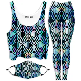 Holographic Hexagon Crop Top and Leggings with PM 2.5 Face Mask Combo