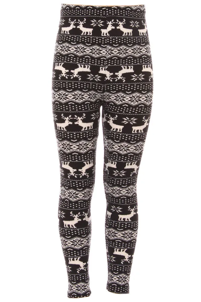 Kid's B&W Reindeer Pattern Printed Leggings