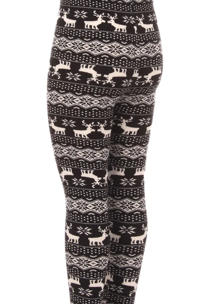 Kid's B&W Reindeer Pattern Printed Leggings