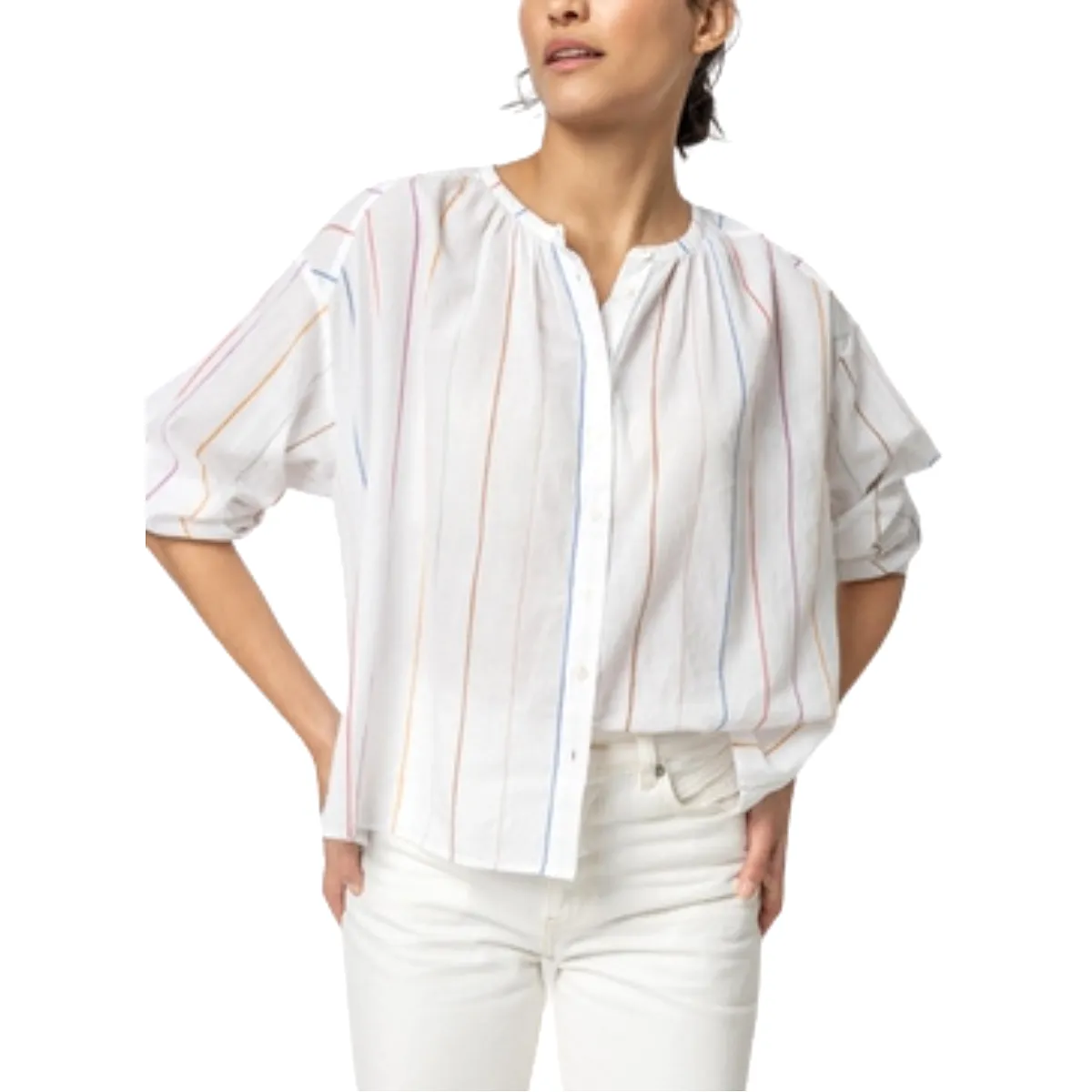 Lilla P Bracelet Sleeve Shirred Blouse - Multi Stripe