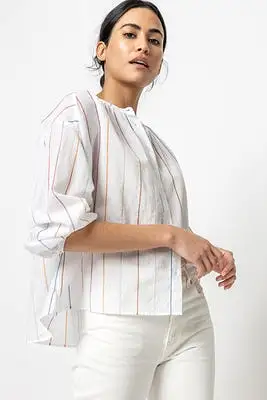 Lilla P Bracelet Sleeve Shirred Blouse - Multi Stripe