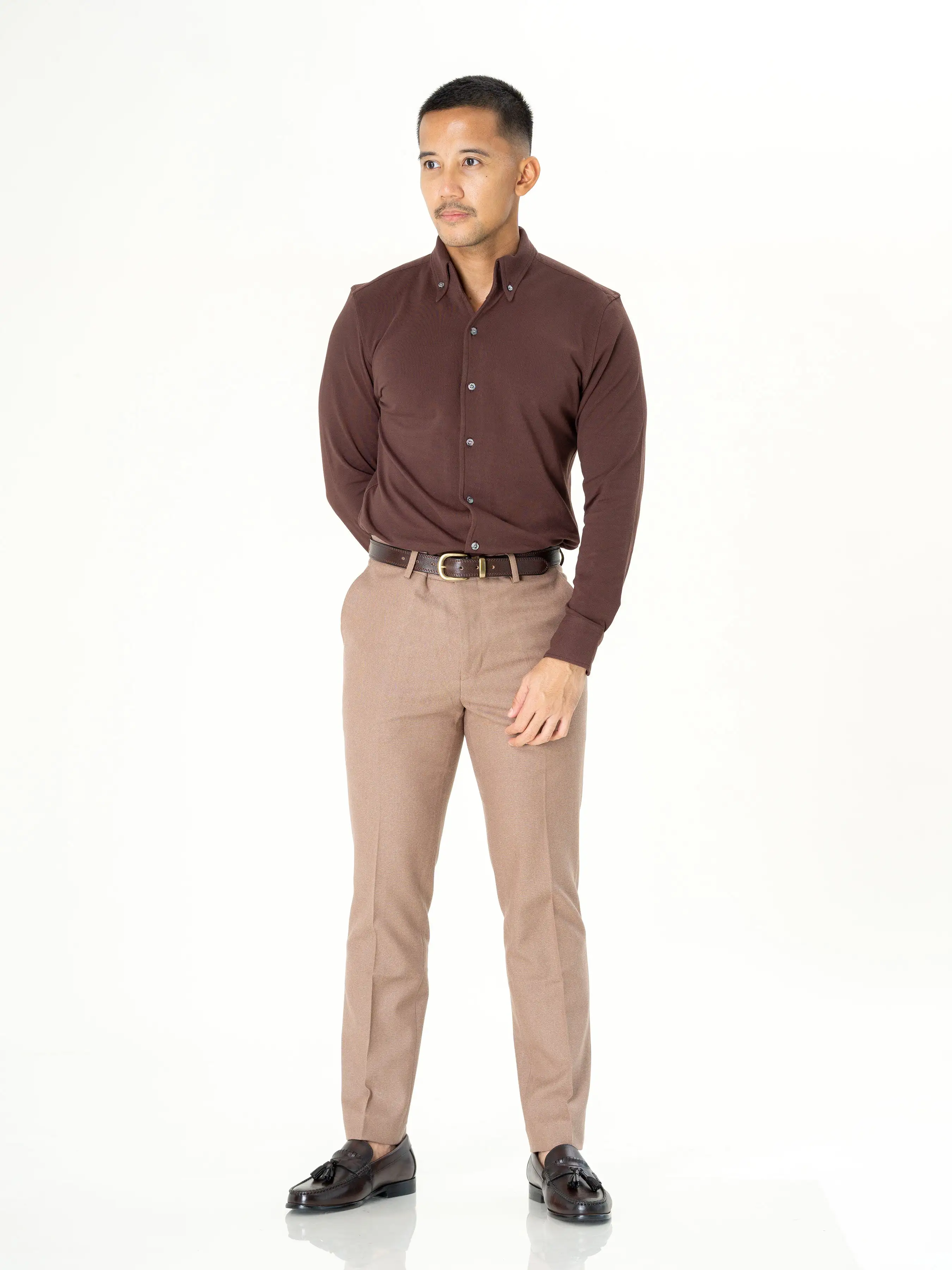 Long Sleeve Polo Shirt - Coffee Button Down