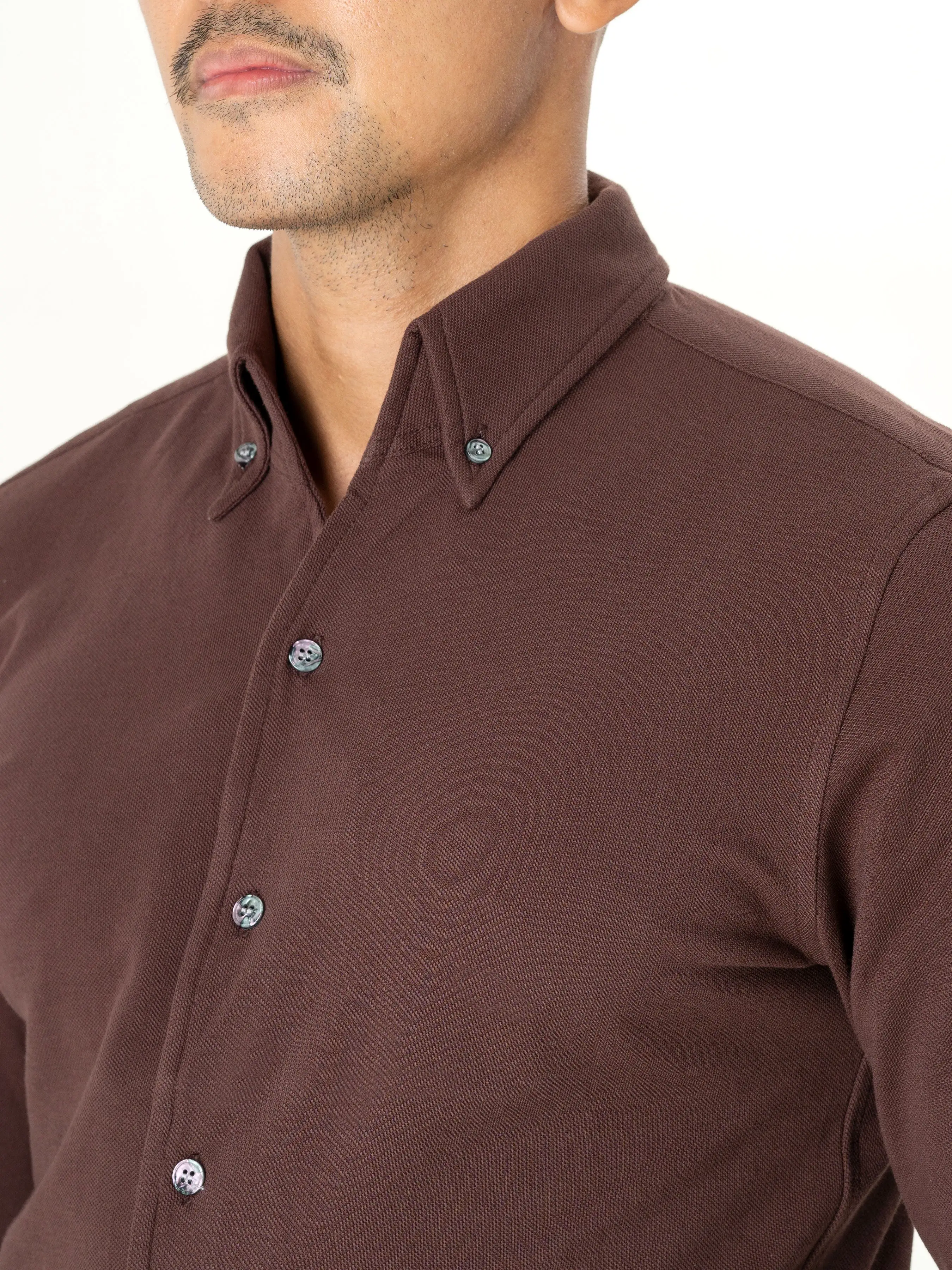 Long Sleeve Polo Shirt - Coffee Button Down