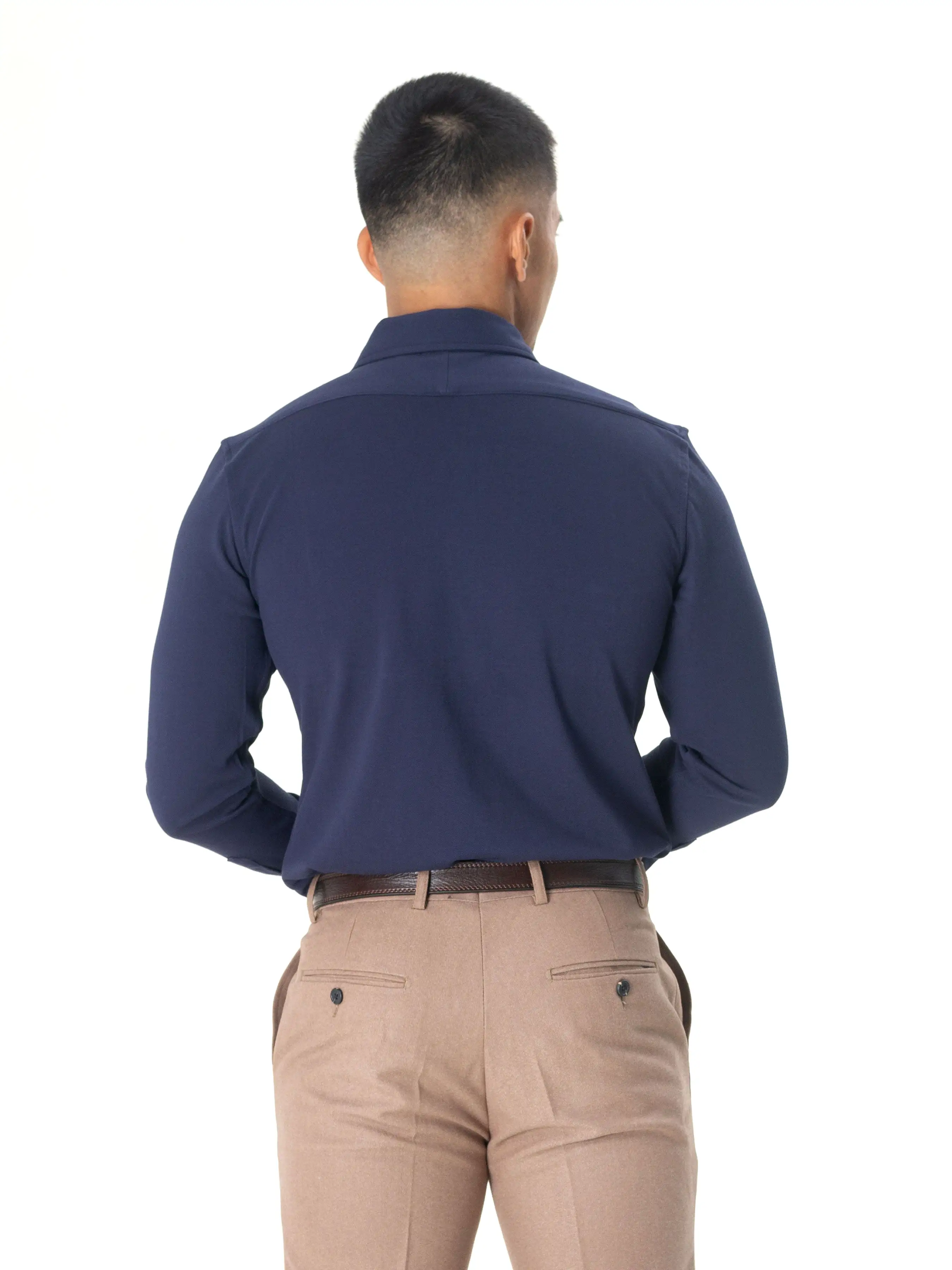 Long Sleeve Polo Shirt -  Navy Blue Button Down