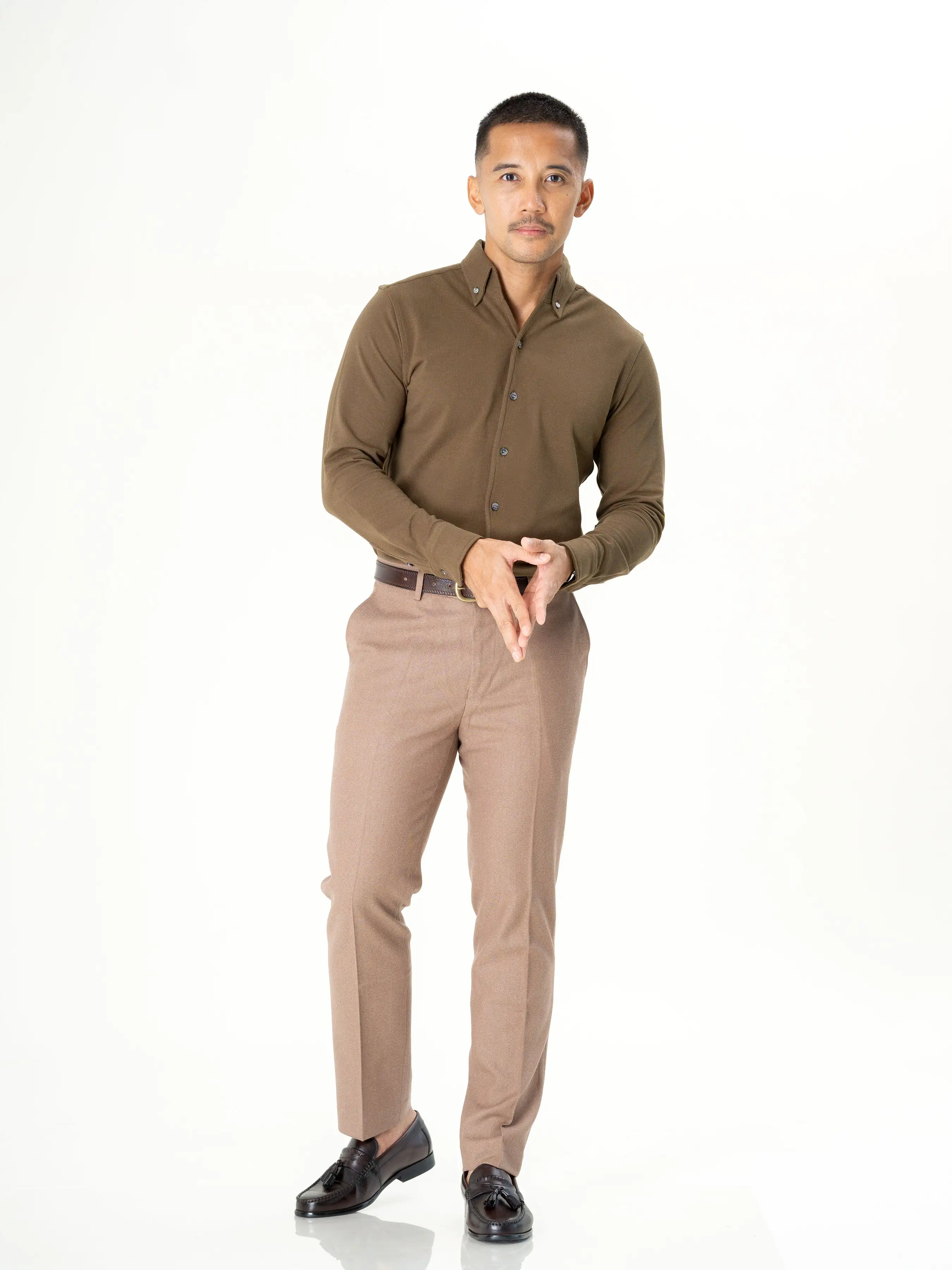 Long Sleeve Polo Shirt - Olive Green Button Down