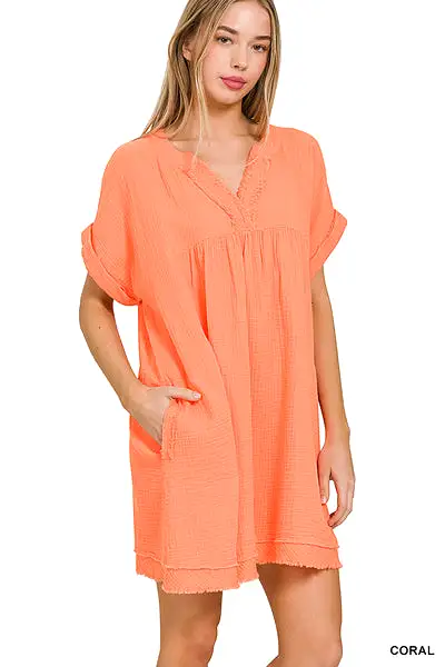 Looking Fly Gauze V Neck Dress  Coral Orange