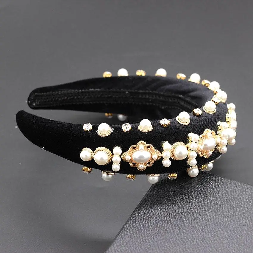 Lux Velour Crystal And Pearl Decorated Headbands