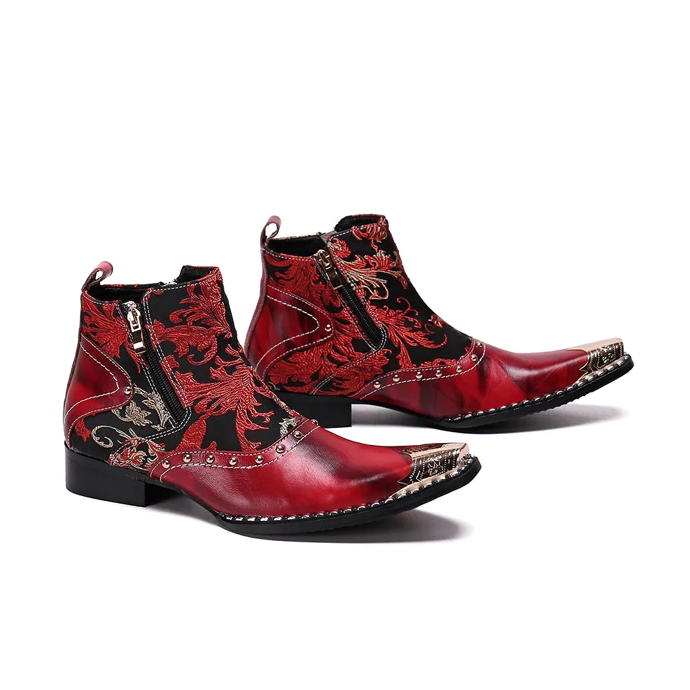 Luxury British Style Men Mid Calf Red Boots Steel Toe Genuine Leather Motorcycle Cowboy Boots Male Snake Skin Boots Dress Shoes