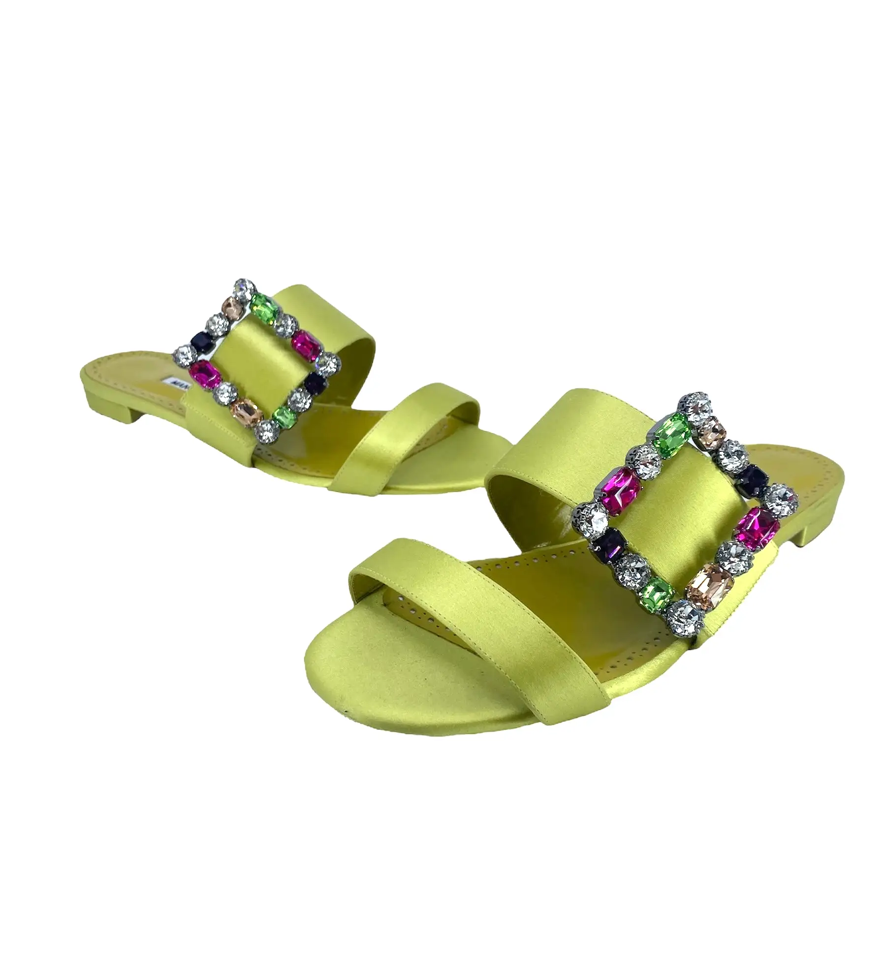 Manolo Blahnik Verda Crystal Buckle Flat Sandals In Green Size 38 1/2