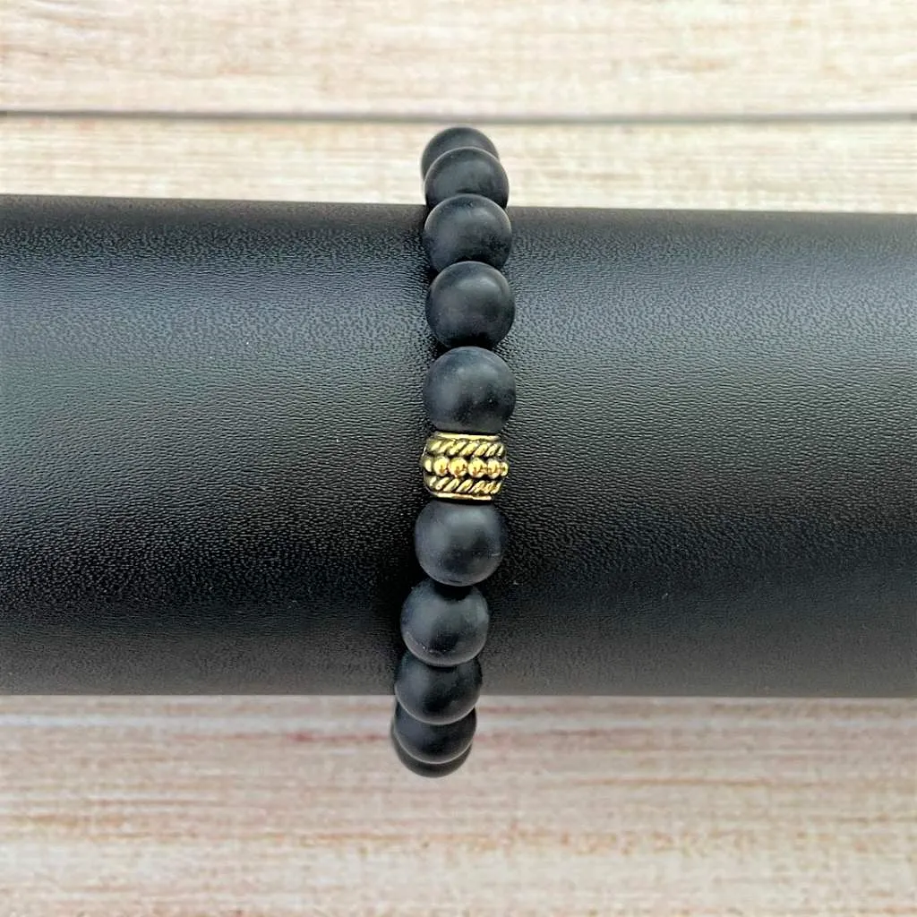 Mens Black Onyx Matte Beaded Bracelet with Gold Statement Bead