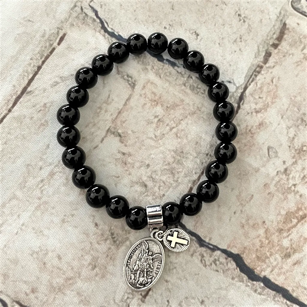 Mens Black Onyx St. Michael Beaded Bracelet