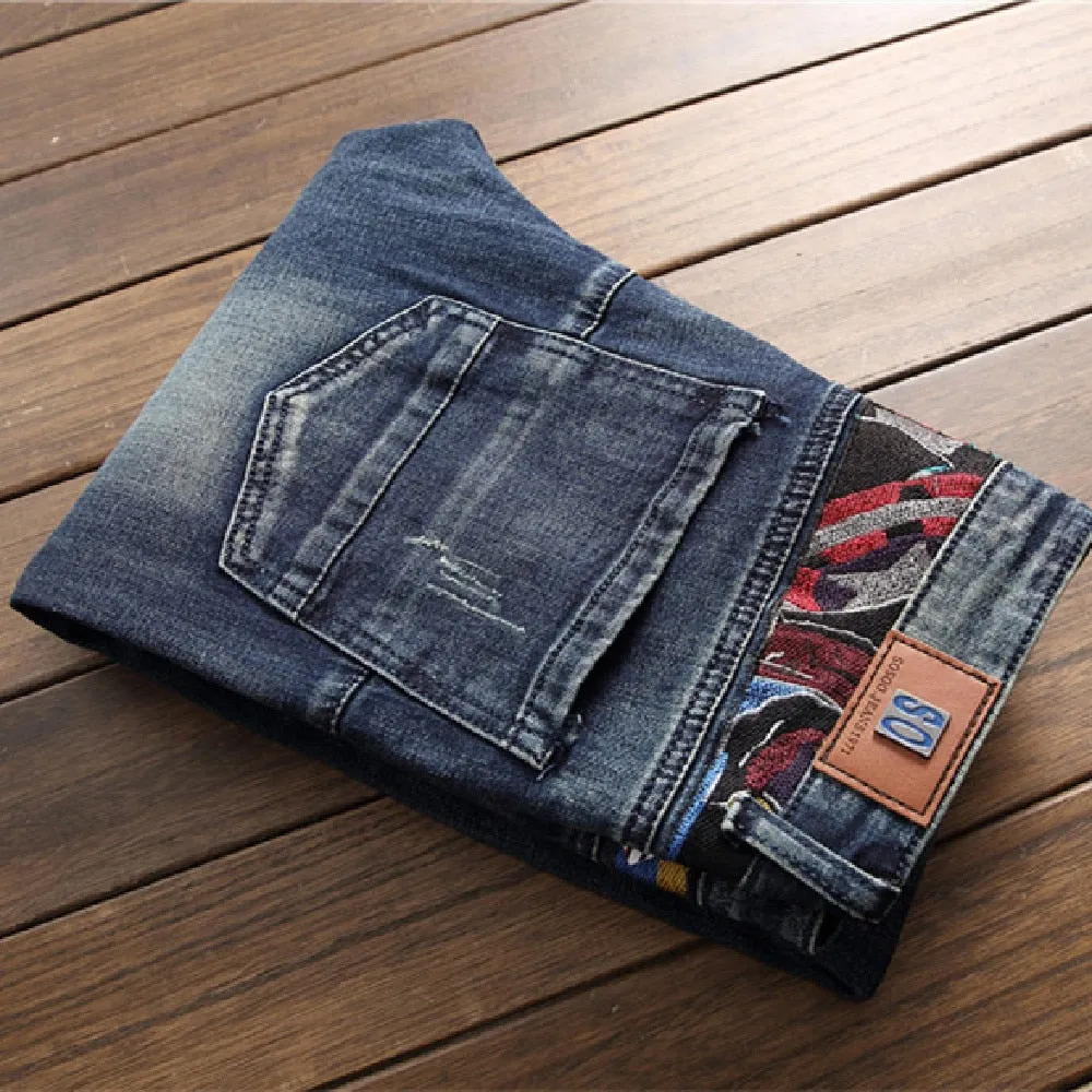 Men's Embroidery Badge Patchwork Slim Fit Washed-out Straight Leg Jeans