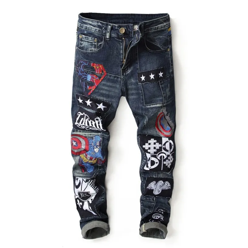 Men's Embroidery Badge Patchwork Slim Fit Washed-out Straight Leg Jeans