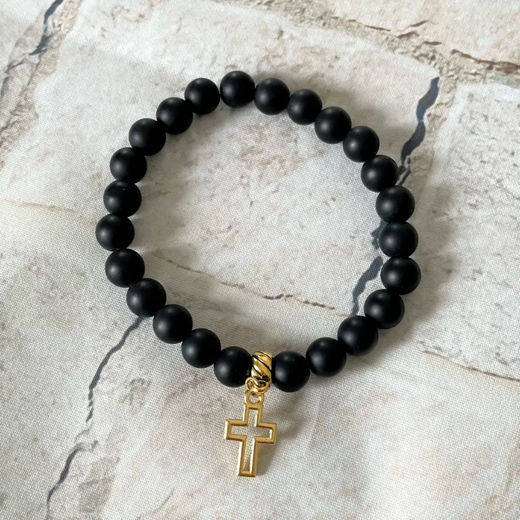 Mens Matte Black Onyx Beaded Bracelet with Gold Cross