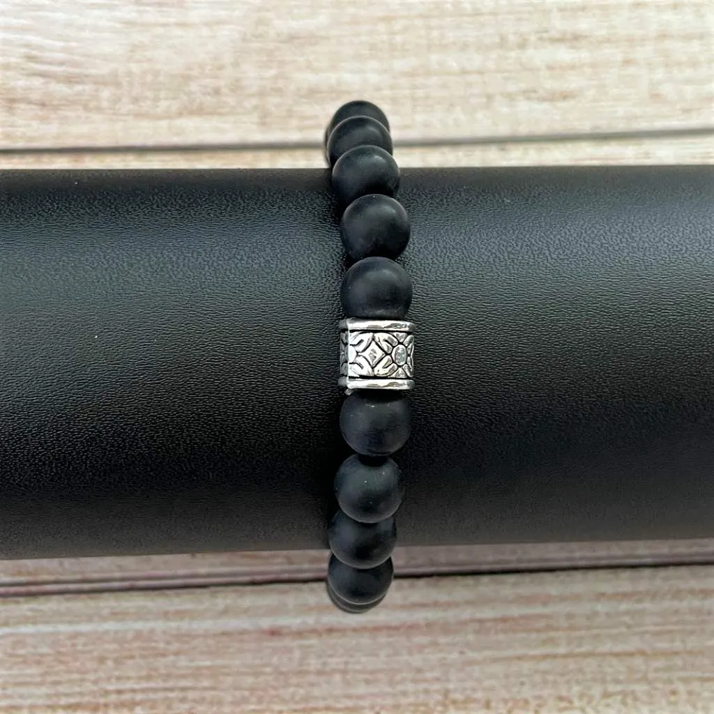 Mens Matte Black Onyx Beaded Bracelet with Silver Bead