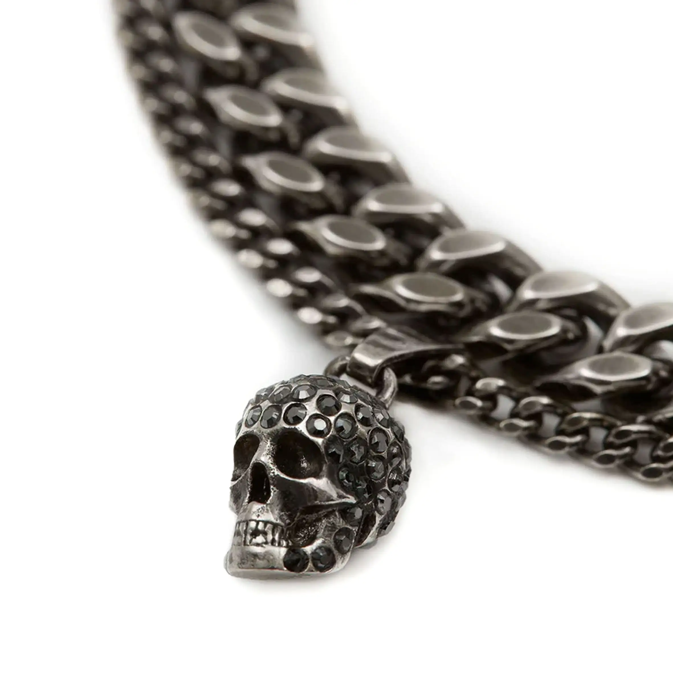 Mens Pave Skull Bracelet, Silver/Grey