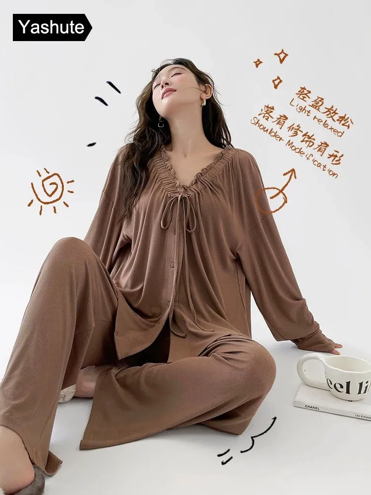 New pajamas for women in spring and autumn, long-sleeved, high-end home clothes, pure lust, age-reducing, casual wearable two-pi