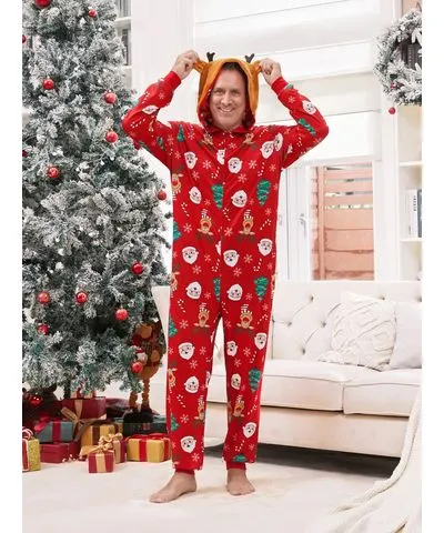 PatPat Christmas Family Pajamas Sets 3D Reindeer Hooded Allover Print Onesies Pajamas