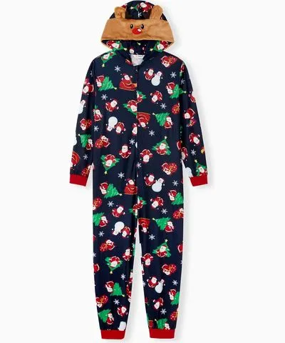 PatPat Green Christmas Family Pajamas Sets 3D Reindeer Hooded Santa Allover Print Onesies Pajamas