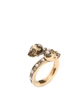 Pearl Band Twin Skull Ring, Gold