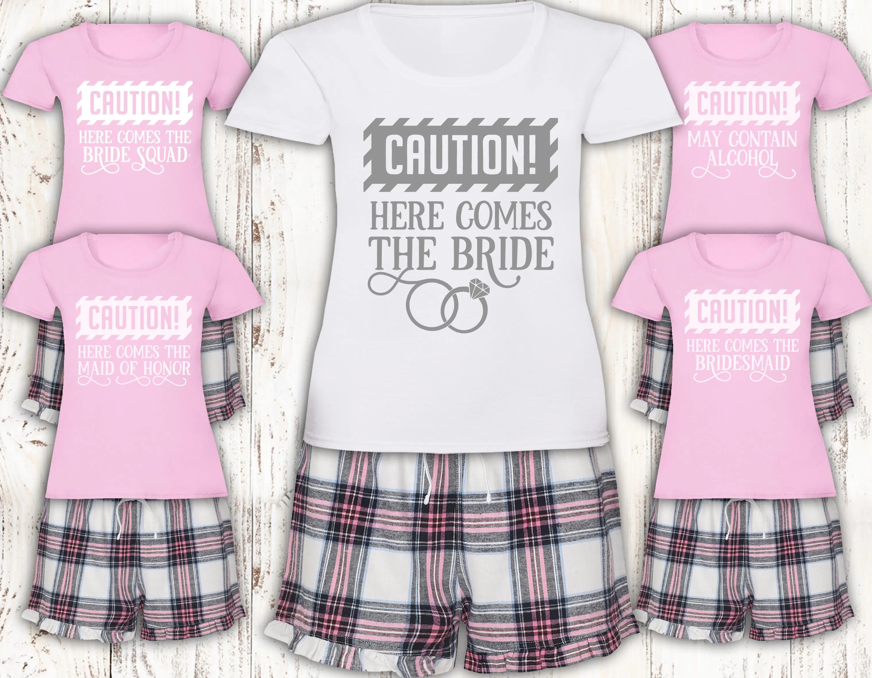 Personalised Caution Girls Weekend Pyjamas Matching Pajamas Pink Tartan Loungewear Adult Pjs Hen Do Bachelorette Pyjamas