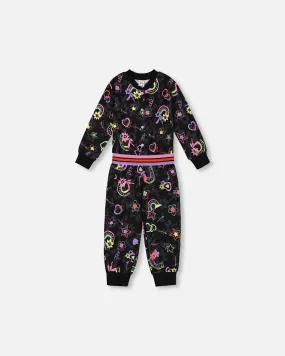 Printed Rainbow Hearts Jumpsuit Black