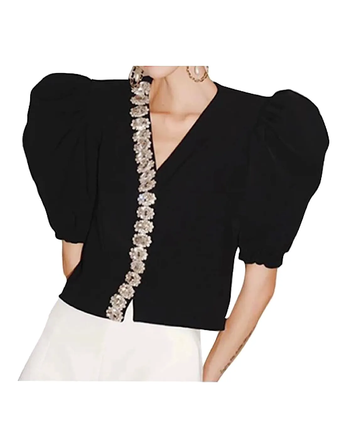 Puff Sleeve Crystal Neck Top