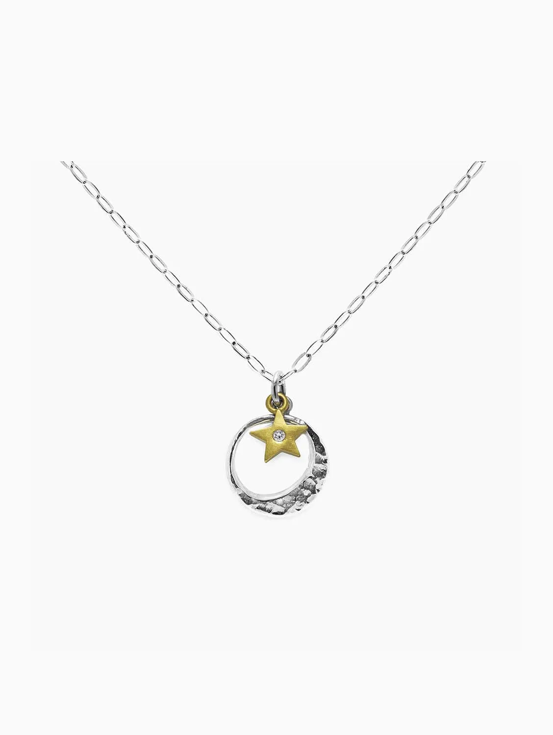 Recycled Sterling Silver Moon & Fairtrade Yellow Gold Sapphire Star Pendant | Silver & 9ct