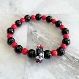 Red and Black Beaded Flower Bracelet