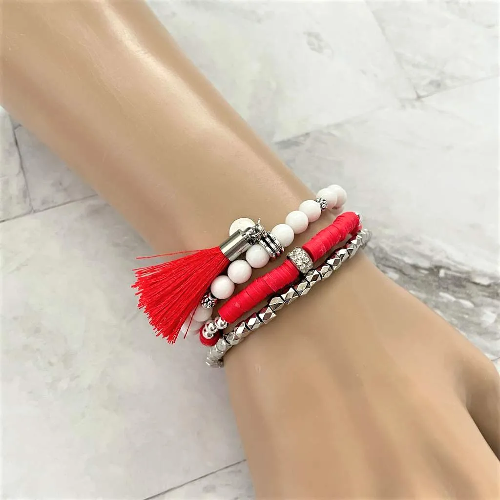 Red Polymer Clay and Silver Beaded Bracelet