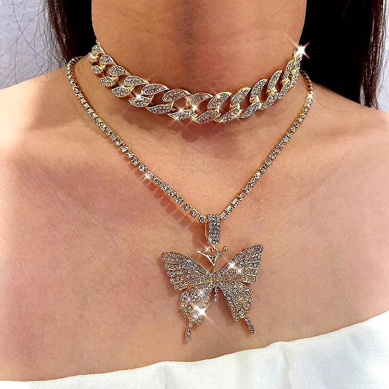 Rhinestone Butterfly Pendant Necklace