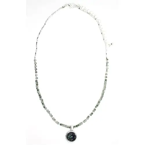 Round Druzy Pendant And Glass Bead Silver Necklace