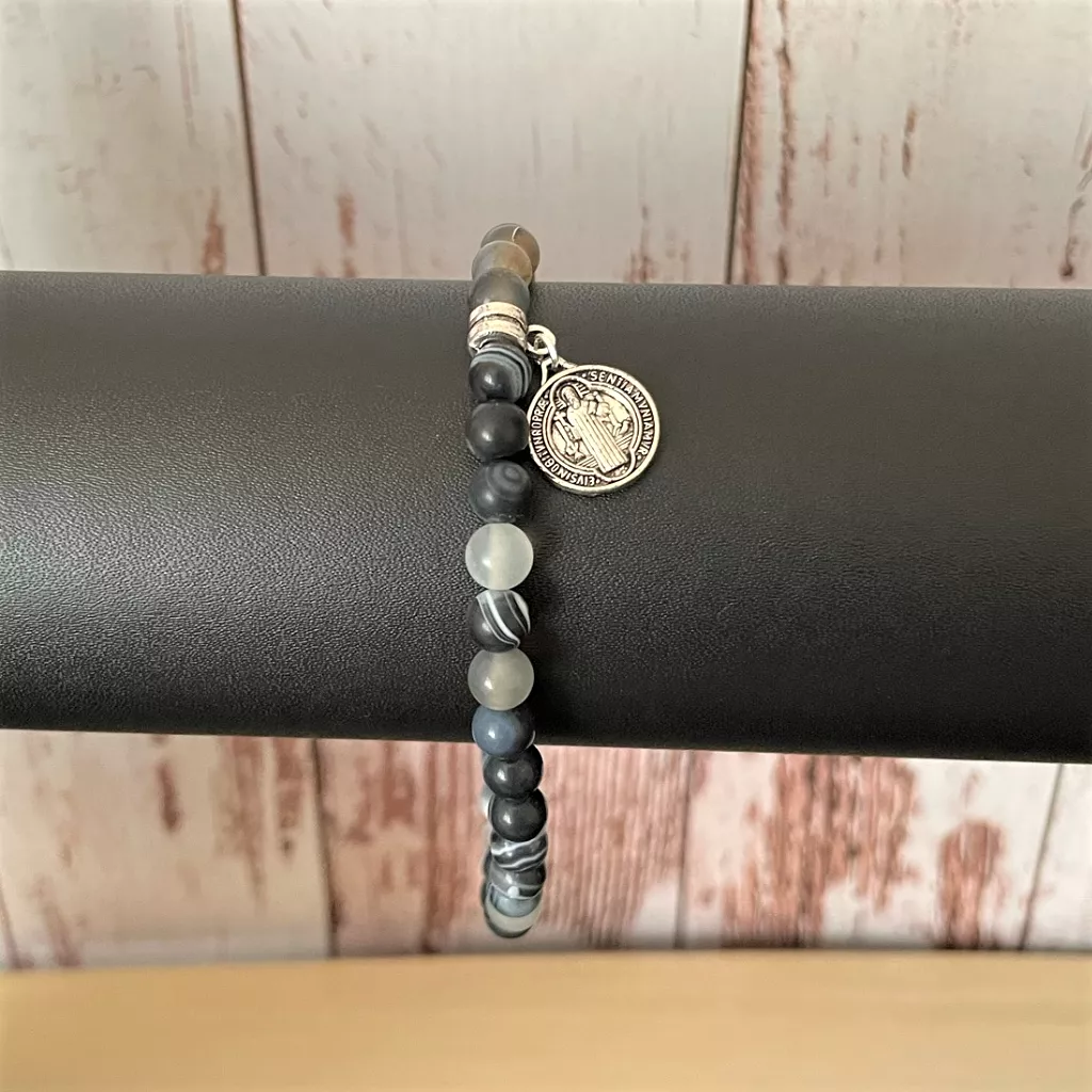 St. Benedict Medal on Black and Smoky Agate Mens Bracelet