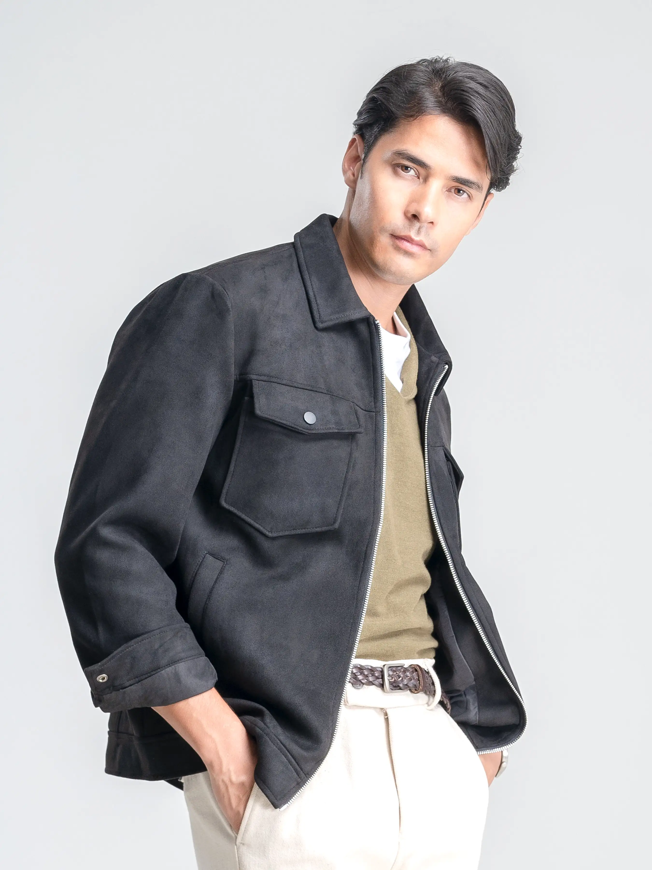 Suede Jacket with Zipper - Black