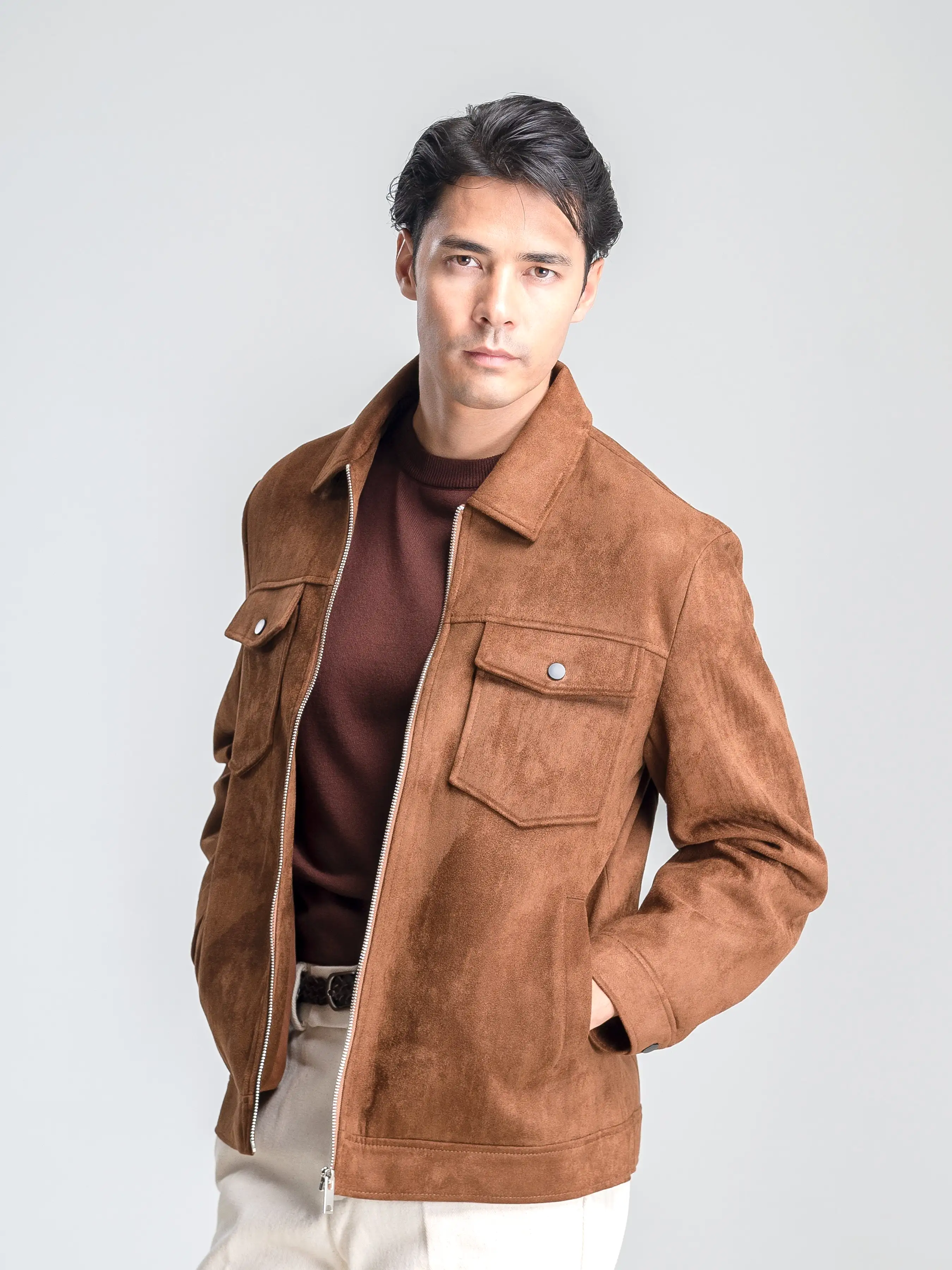 Suede Jacket with Zipper - Brown