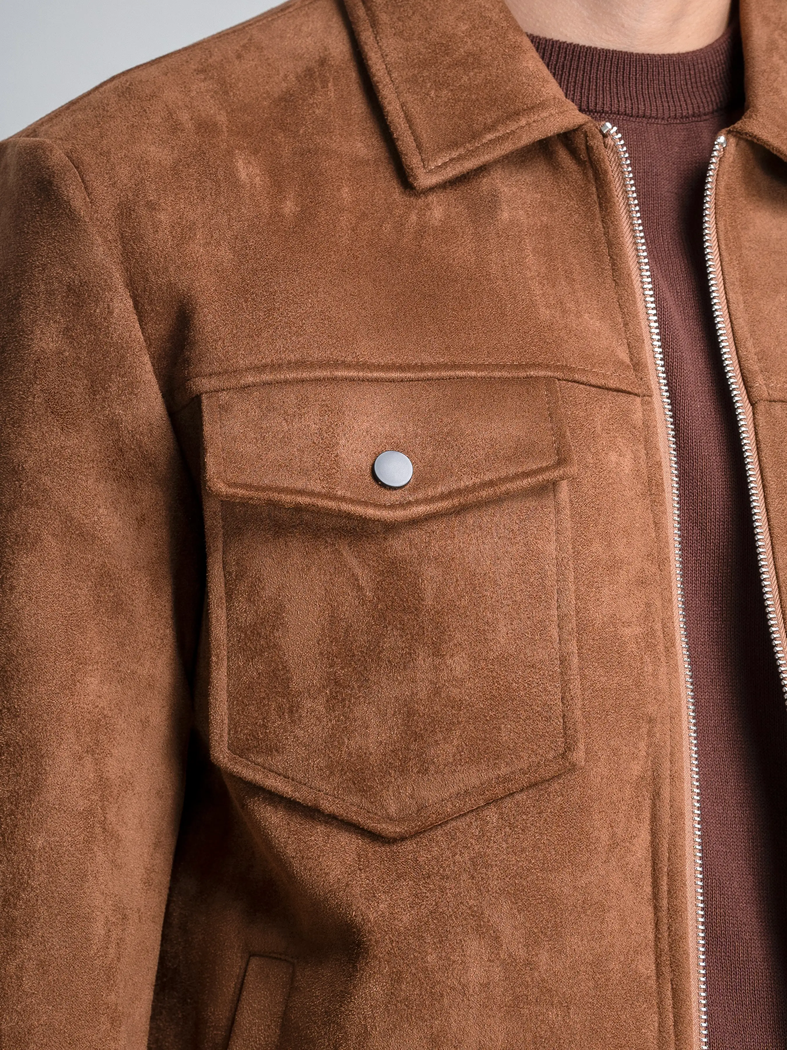 Suede Jacket with Zipper - Brown