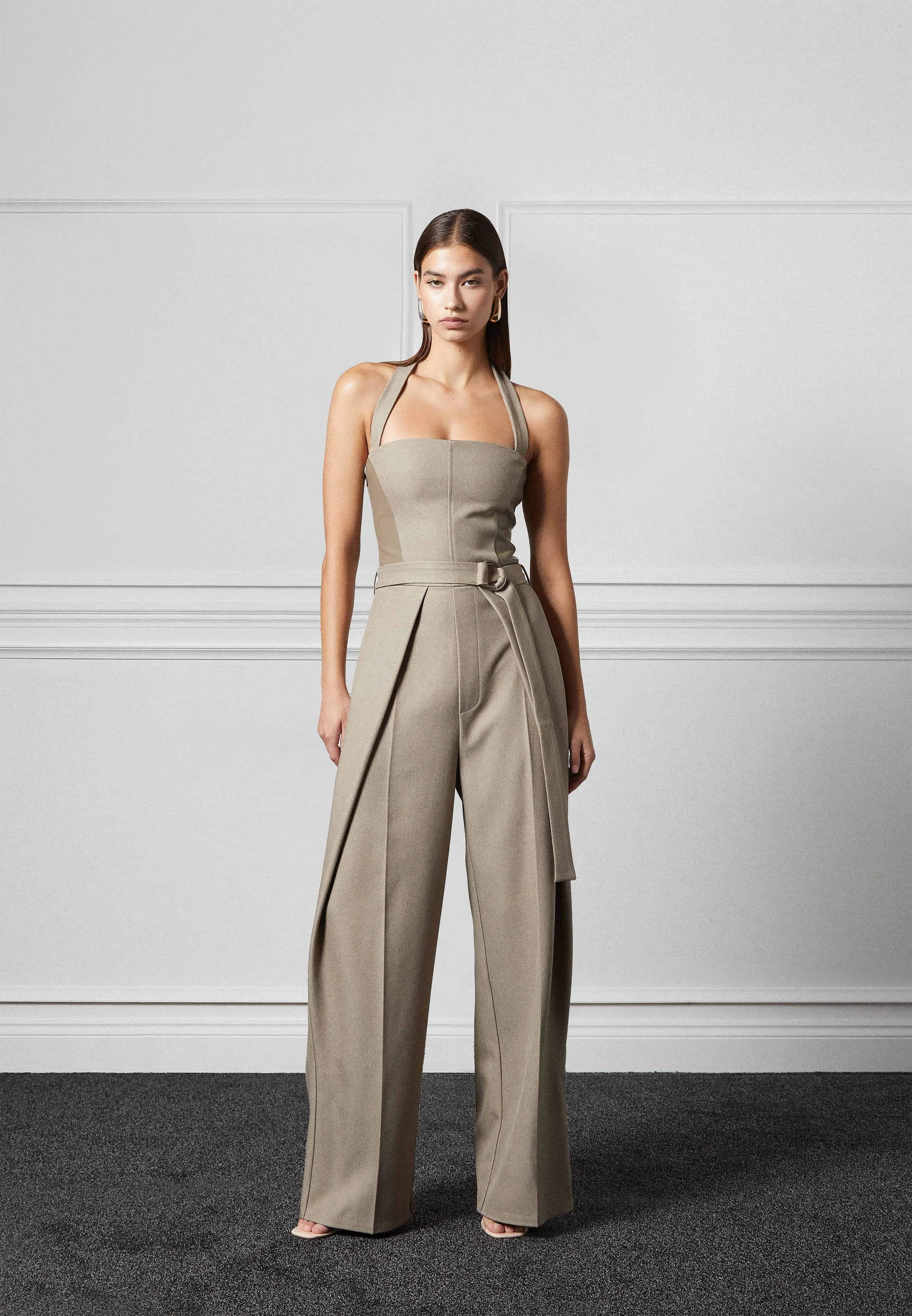 Tailored Pleat Jumpsuit with Belt - Beige