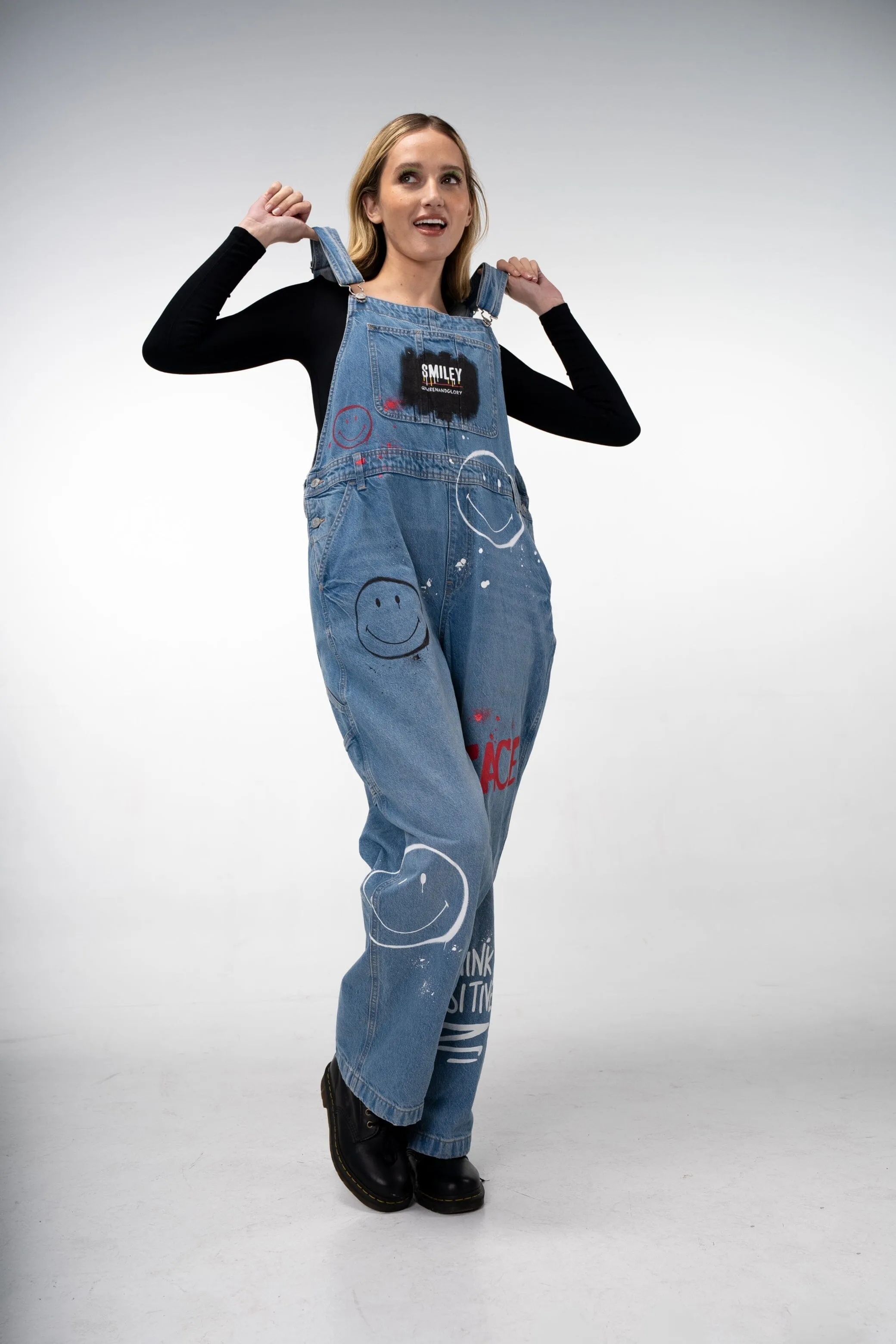 'The Smiley Overalls' Painted Denim Overalls