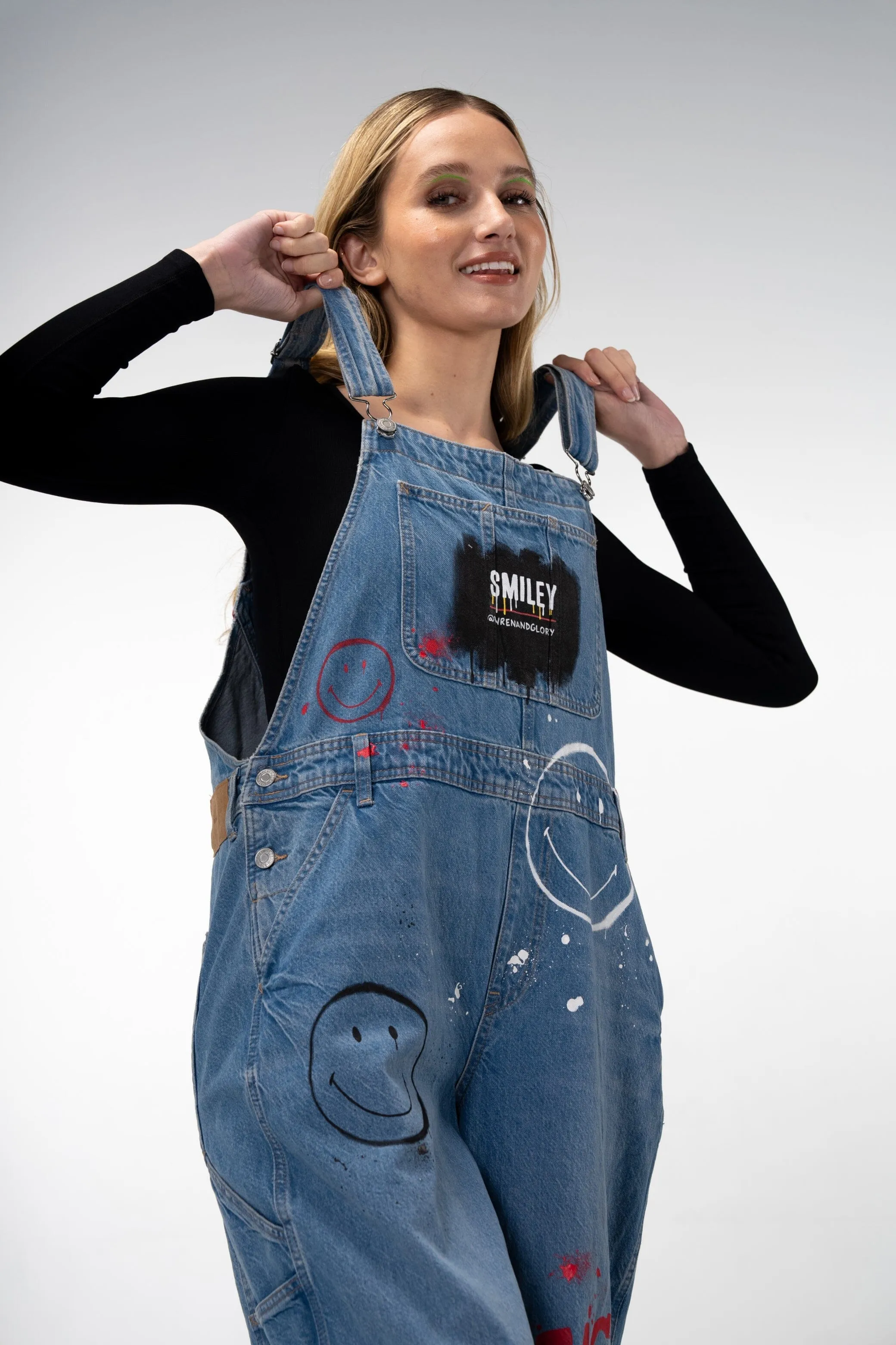 'The Smiley Overalls' Painted Denim Overalls