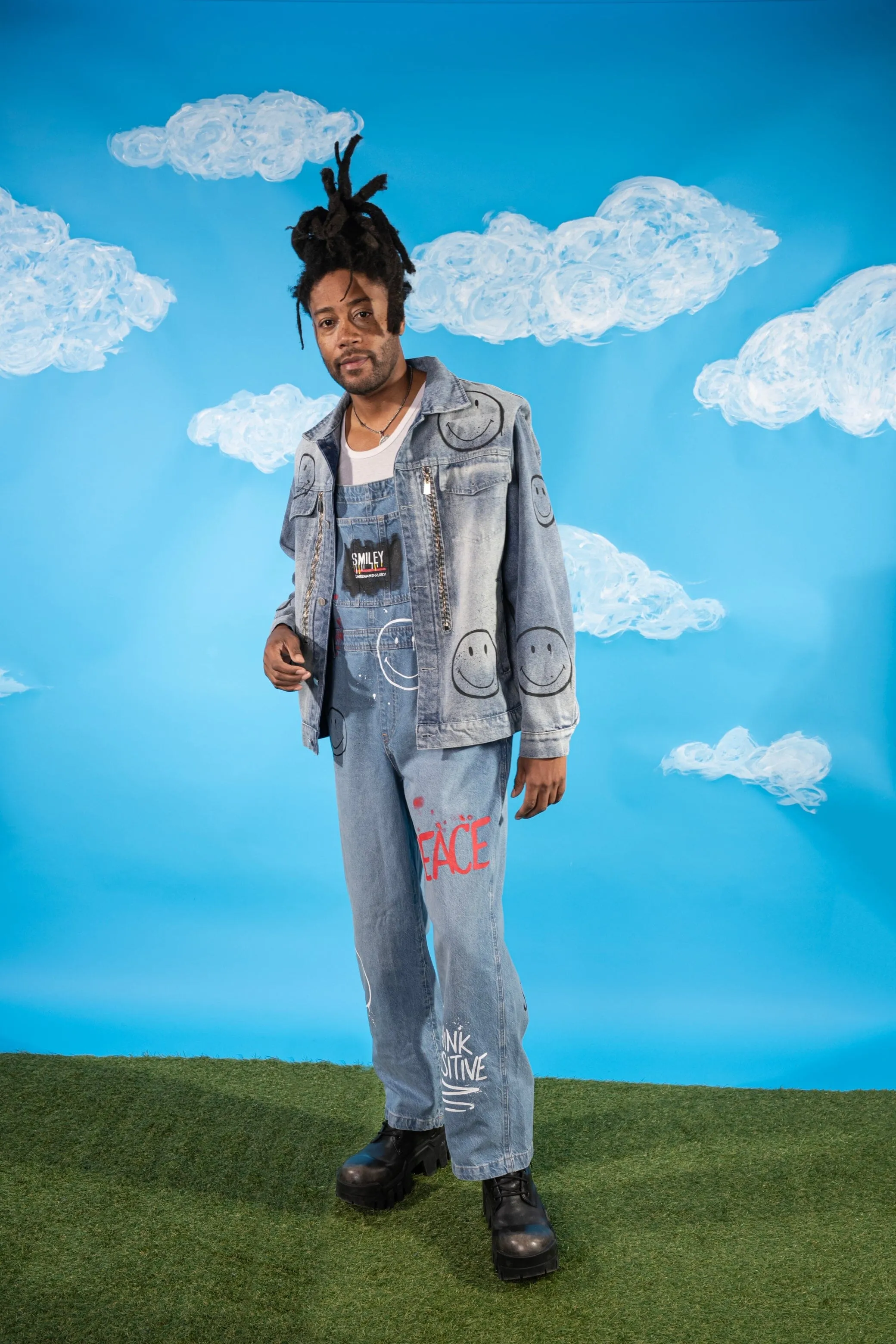 'The Smiley Overalls' Painted Denim Overalls