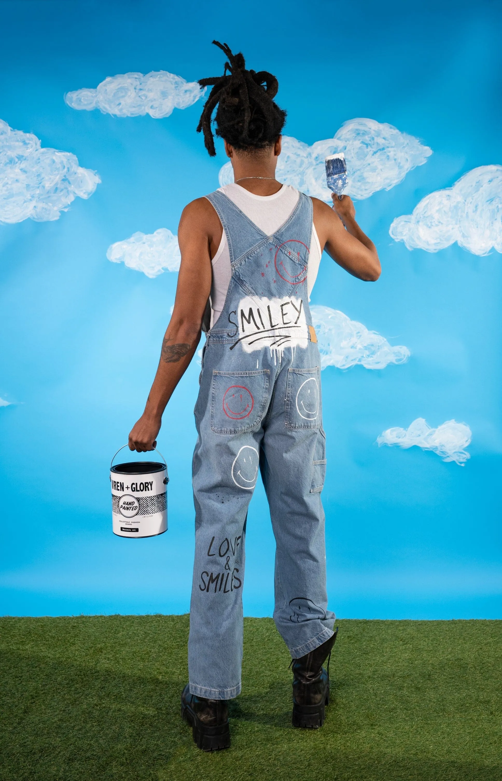 'The Smiley Overalls' Painted Denim Overalls