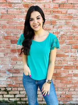 Thriving All Night Lace Sleeve Top  Green