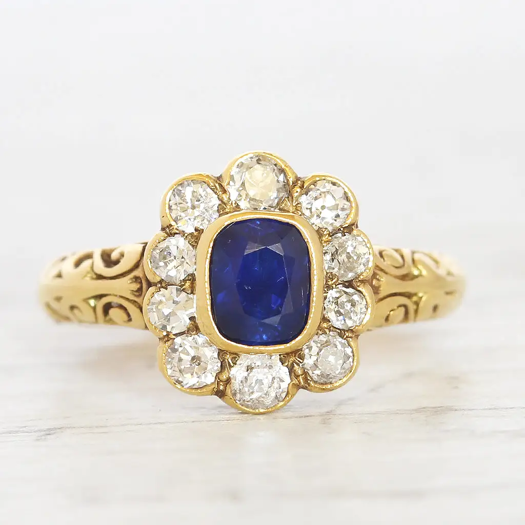 Victorian Style 0.85 Carat Sapphire and Old Cut Diamond Cluster