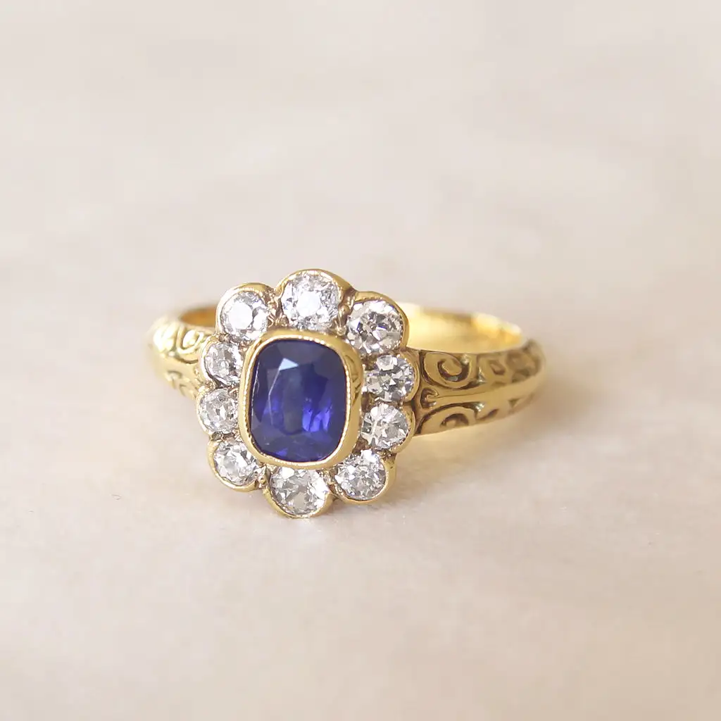 Victorian Style 0.85 Carat Sapphire and Old Cut Diamond Cluster