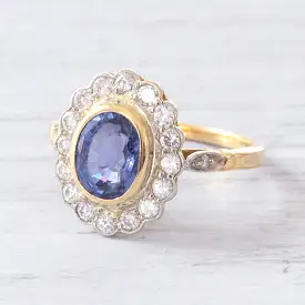 Vintage Ceylon Sapphire and Diamond Oval Cluster Ring