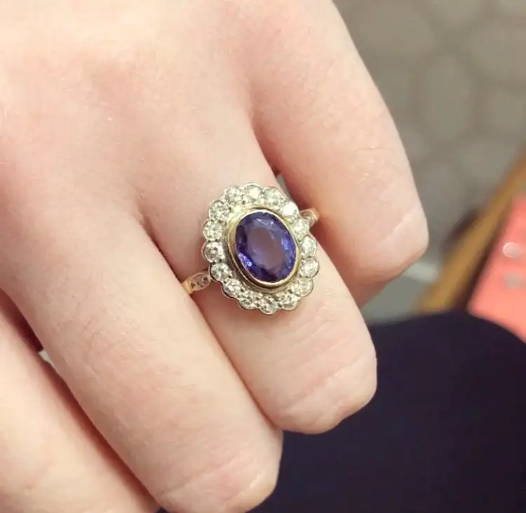 Vintage Ceylon Sapphire and Diamond Oval Cluster Ring