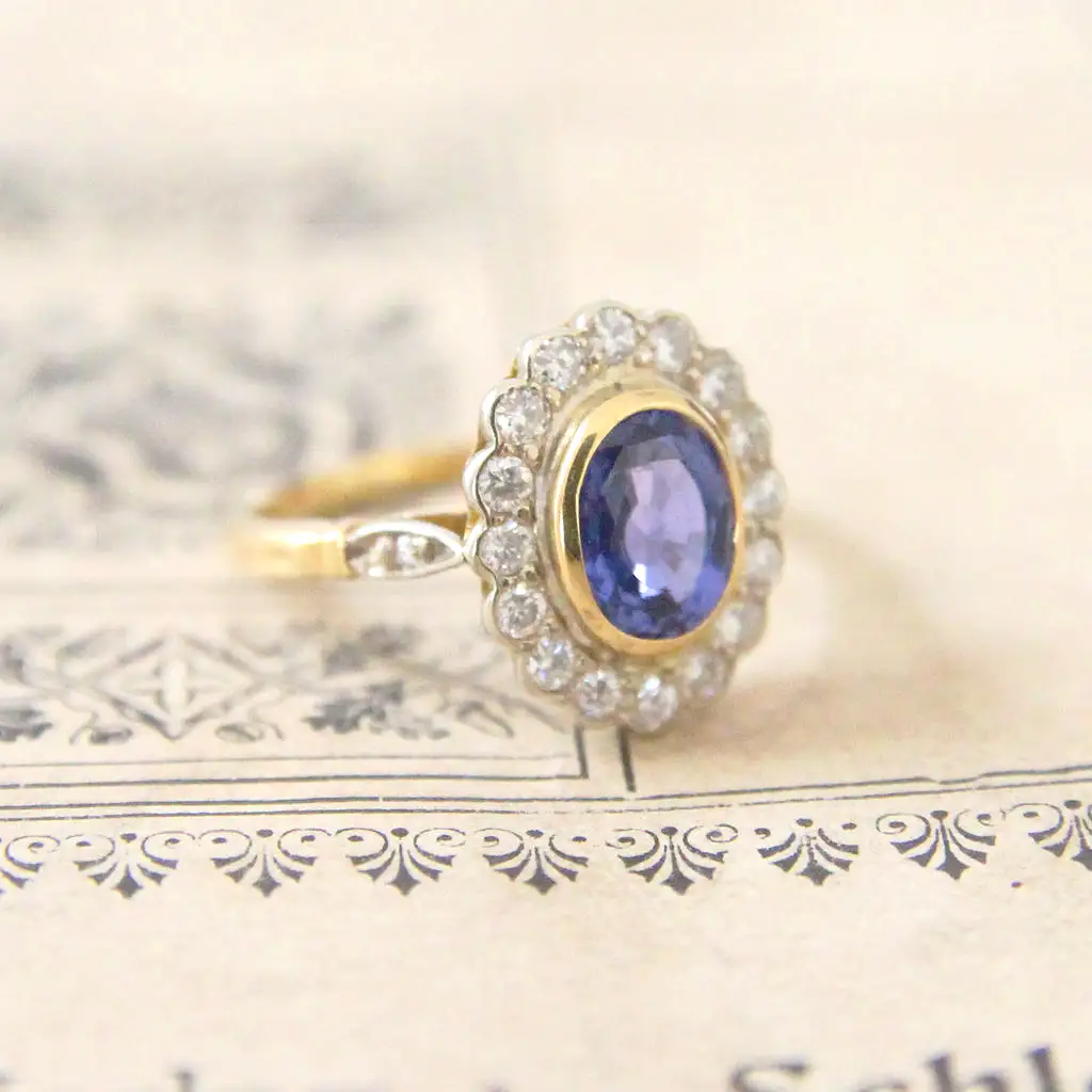 Vintage Ceylon Sapphire and Diamond Oval Cluster Ring