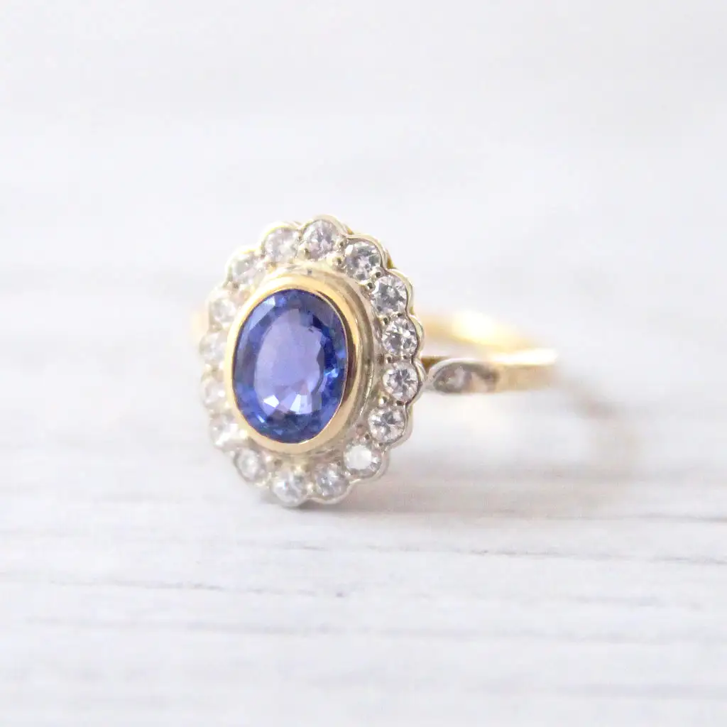 Vintage Ceylon Sapphire and Diamond Oval Cluster Ring